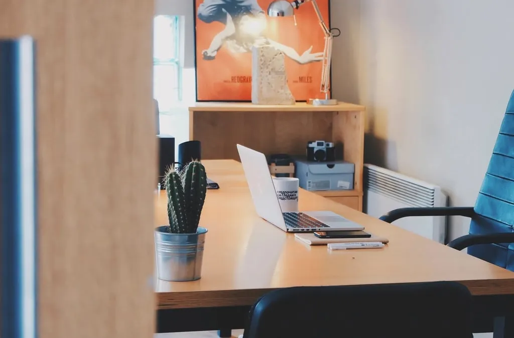 A wooden desk with an open laptop and a small cactus in a bright room