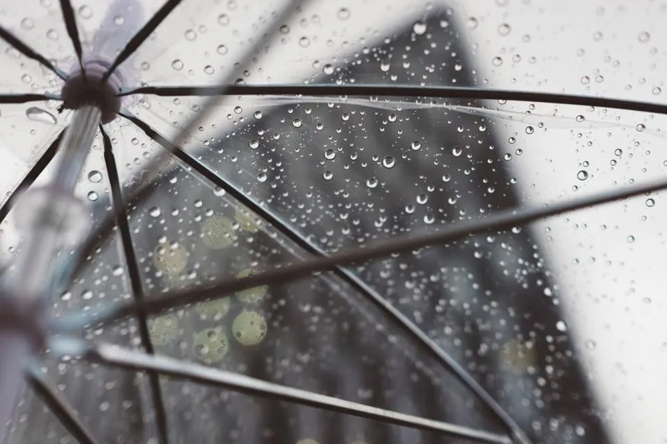 A transparent umbrella covered in raindrops with a building blurred behind it